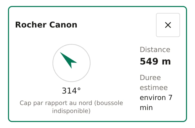 Panneau Naviguer vers de Sylvor : cible « Rocher Canon », flèche de direction à 314°, distance 549 m, durée estimée 7 minutes.